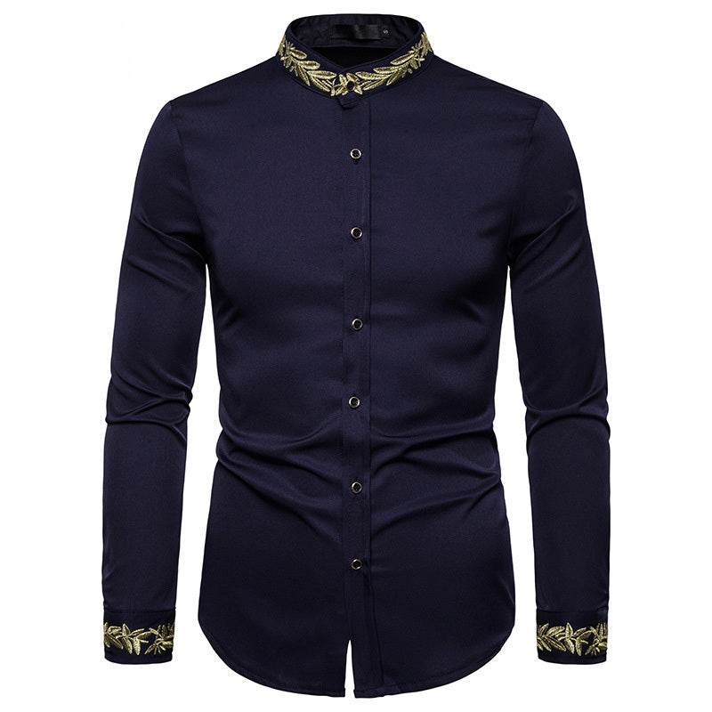 Men's White Slim-Fit Dress Shirt – Gold Embroidery, Stand Collar, Long Sleeve Casual Style - Emprize360