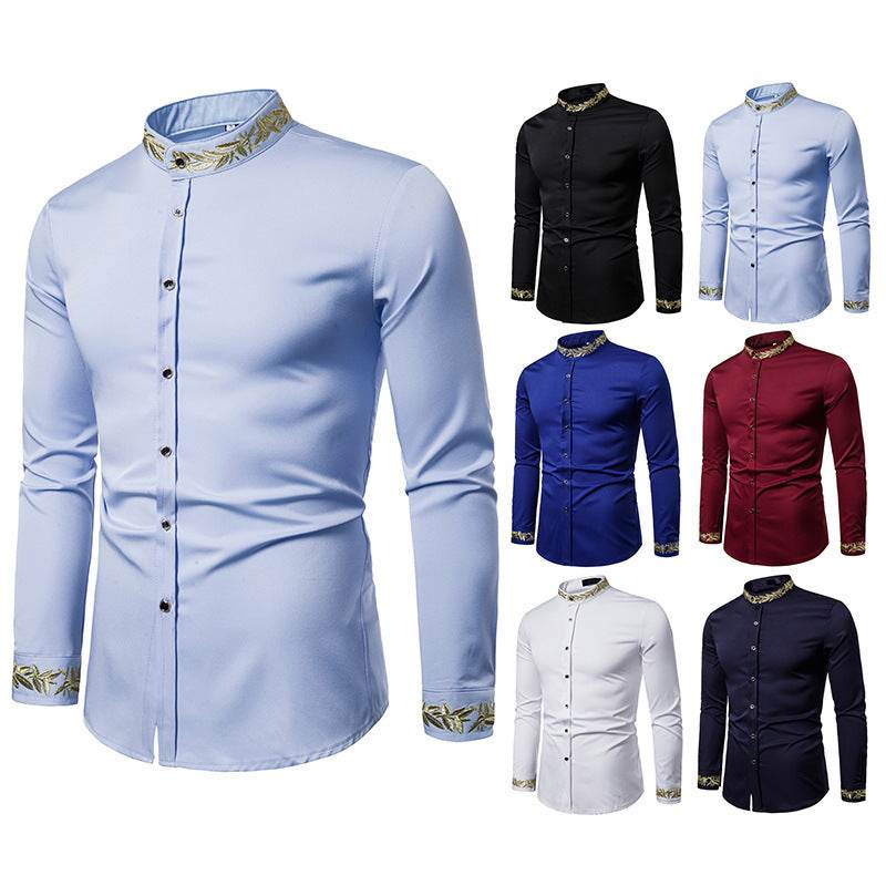 Men's White Slim-Fit Dress Shirt – Gold Embroidery, Stand Collar, Long Sleeve Casual Style - Emprize360