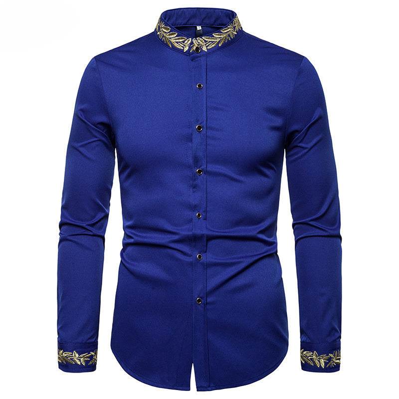 Men's White Slim-Fit Dress Shirt – Gold Embroidery, Stand Collar, Long Sleeve Casual Style - Emprize360