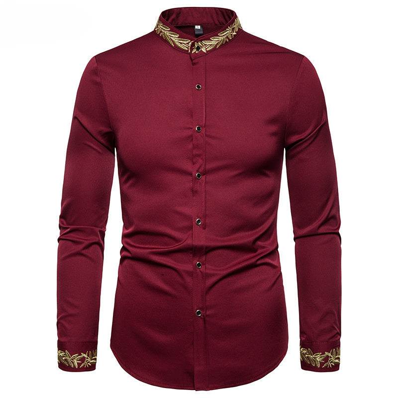 Men's White Slim-Fit Dress Shirt – Gold Embroidery, Stand Collar, Long Sleeve Casual Style - Emprize360
