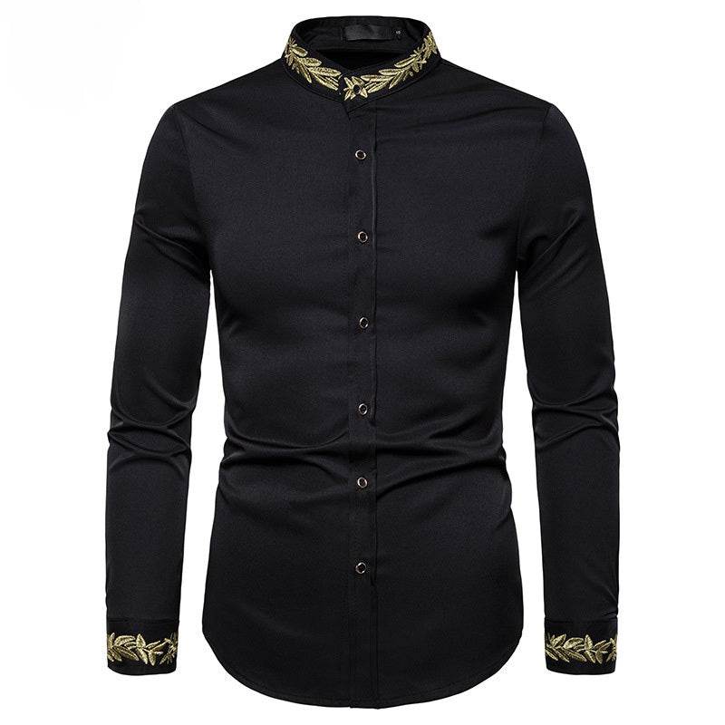 Men's White Slim-Fit Dress Shirt – Gold Embroidery, Stand Collar, Long Sleeve Casual Style - Emprize360