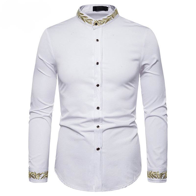Men's White Slim-Fit Dress Shirt – Gold Embroidery, Stand Collar, Long Sleeve Casual Style - Emprize360