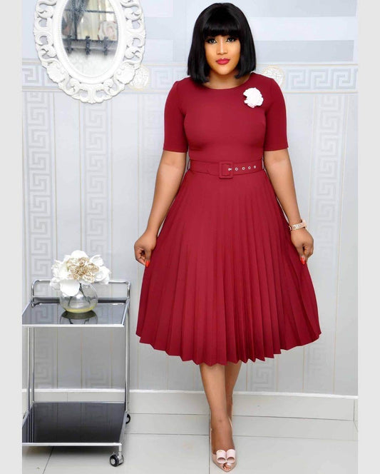 Elegant Plus Size Pleated Round Neck Dress for Women – Perfect Mother's Dress - Emprize360