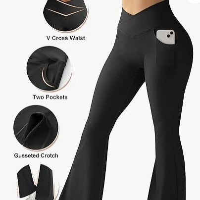 Ribbed Flare Yoga Pants with Cross Waist