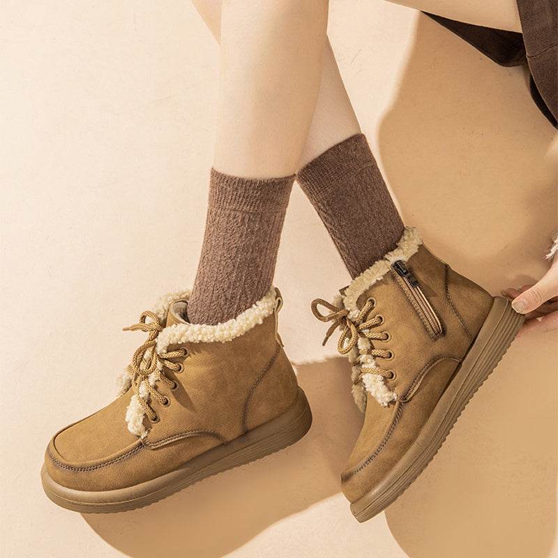 Women's Lace-up Plush Snow Boots – Winter Warm Fleece Flat Ankle Boots - Emprize360