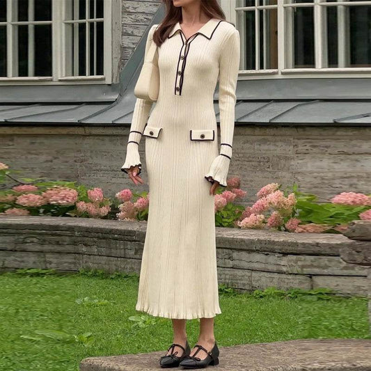 Trumpet-sleeved Knitted Dress Fashion Slim Lapel Button Dresses Fall Wainter Women's Clothing - Emprize360