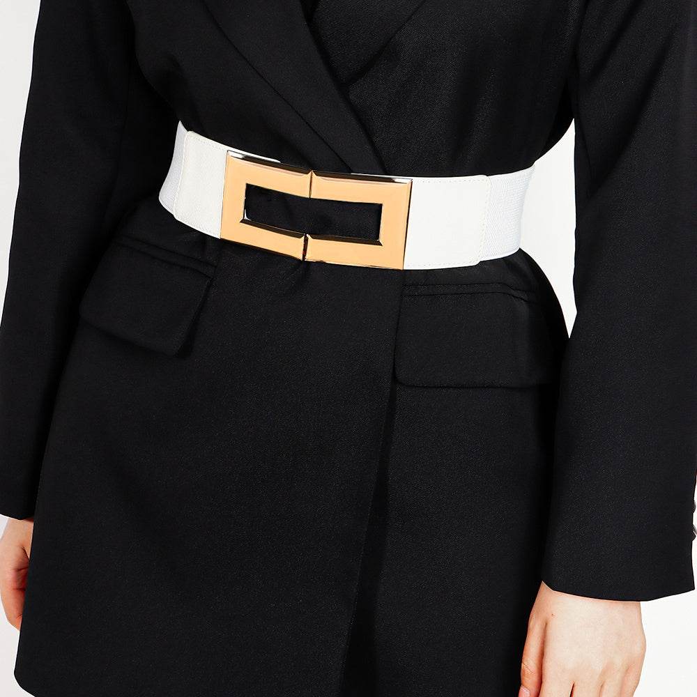 Stylish Women's Elastic Wide Belt with Metal Square Buckle – Multi-Colored Casual Accessory for Suits & Dresses" - EMPRIZE 360