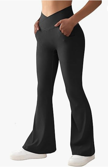 Ribbed Flare Yoga Pants with Cross Waist