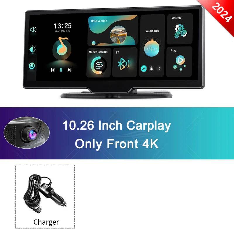 10.26'' 4K Dash Cam with Rearview Mirror – WiFi, Wireless CarPlay & Android Auto, Dual Lens DVR, GPS & Bluetooth FM - Emprize360
