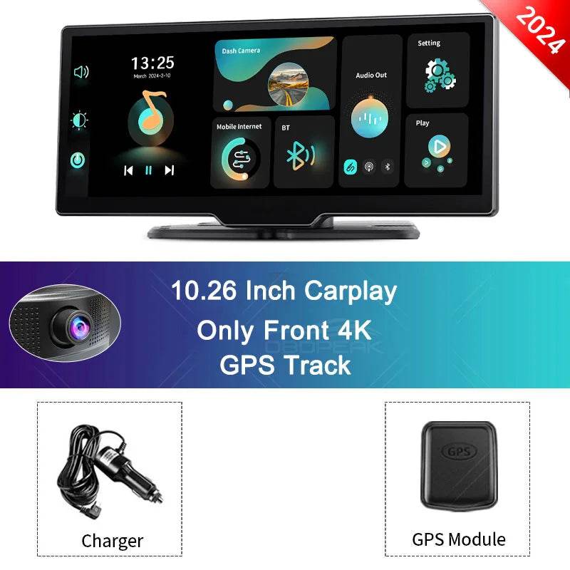 10.26'' 4K Dash Cam with Rearview Mirror – WiFi, Wireless CarPlay & Android Auto, Dual Lens DVR, GPS & Bluetooth FM - Emprize360