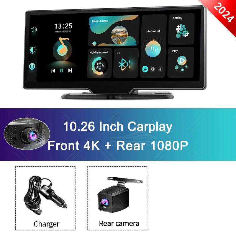 10.26'' 4K Dash Cam with Rearview Mirror – WiFi, Wireless CarPlay & Android Auto, Dual Lens DVR, GPS & Bluetooth FM - Emprize360