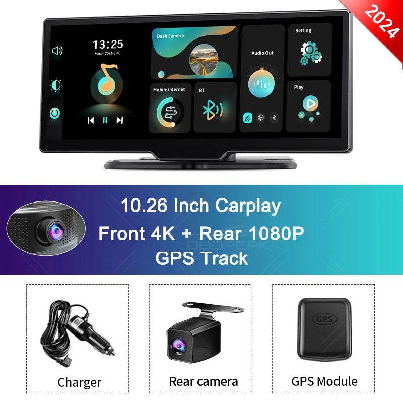 10.26'' 4K Dash Cam with Rearview Mirror – WiFi, Wireless CarPlay & Android Auto, Dual Lens DVR, GPS & Bluetooth FM - Emprize360