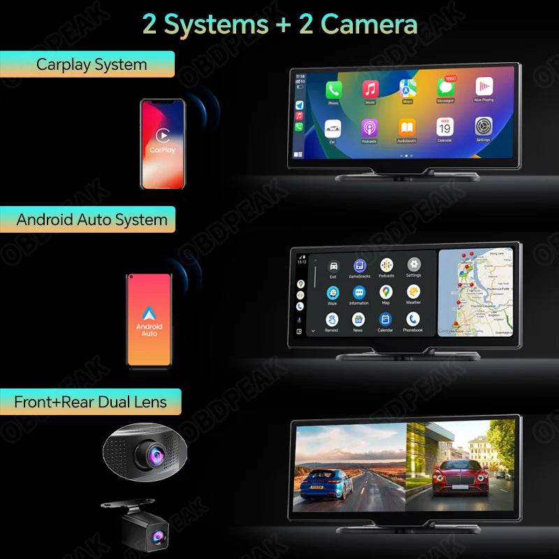 10.26'' 4K Dash Cam with Rearview Mirror – WiFi, Wireless CarPlay & Android Auto, Dual Lens DVR, GPS & Bluetooth FM - Emprize360