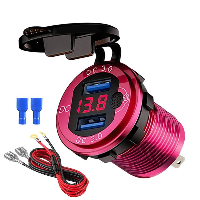Quick Charge Aluminum QC3.0 Dual USB Car Charger with LED Voltage Display & Switch Button - Emprize360
