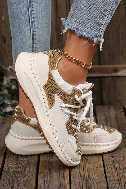 White Rhinestone Embellished Color Block Patchwork Lace-up Breathable Sneakers