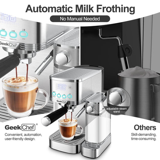 Geek Chef 20-Bar Espresso & Cappuccino Machine with Automatic Milk Frother – Stainless Steel Espresso Maker for Latte & Cappuccino, ESE Pod Filter, Perfect Gift for Coffee Lovers - Emprize360
