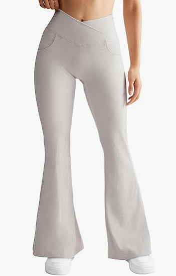 Ribbed Flare Yoga Pants with Cross Waist