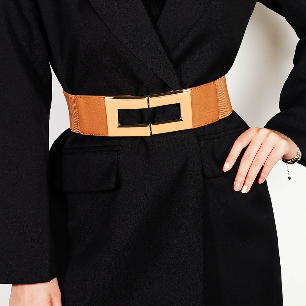 Stylish Women's Elastic Wide Belt with Metal Square Buckle – Multi-Colored Casual Accessory for Suits & Dresses" - EMPRIZE 360