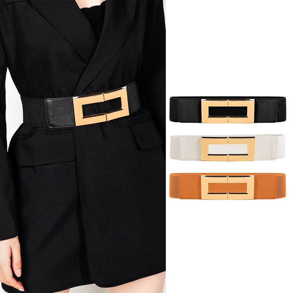Stylish Women's Elastic Wide Belt with Metal Square Buckle – Multi-Colored Casual Accessory for Suits & Dresses" - EMPRIZE 360