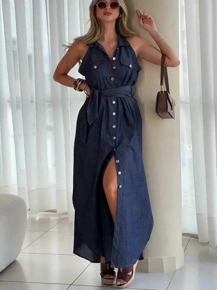 Denim Sleeveless Single-breasted Lace-up Dress - Emprize360