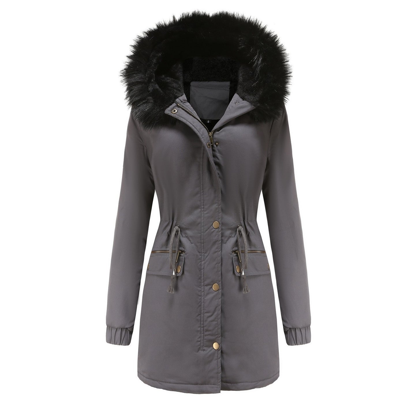 Women’s Solid Color Plush Parka – Hooded Zip-Up Winter Coat