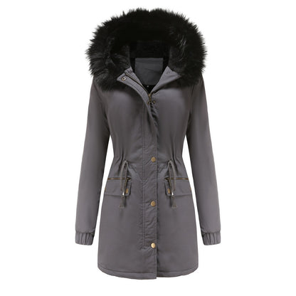 Women’s Solid Color Plush Parka – Hooded Zip-Up Winter Coat
