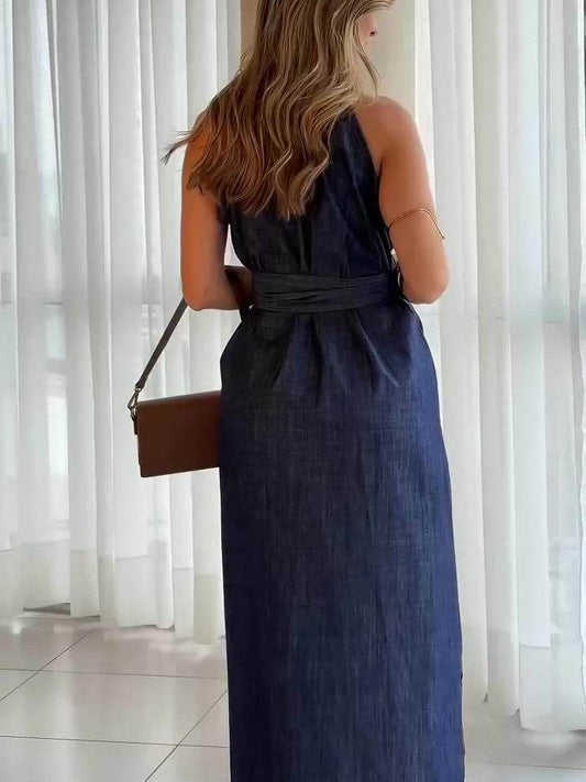 Denim Sleeveless Single-breasted Lace-up Dress - Emprize360