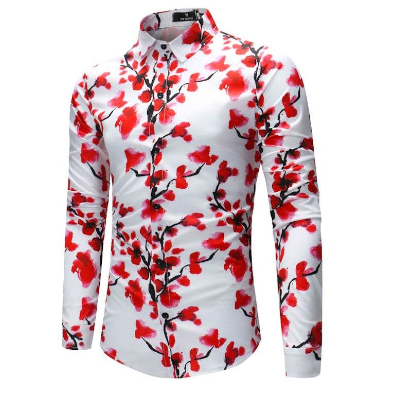 Men's Plum Blossom Print Hawaiian Shirt – Slim Fit, Soft Long Sleeve Casual Dress Shirt" - EMPRIZE 360