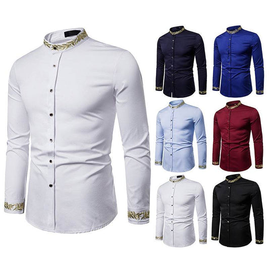 Men's White Slim-Fit Dress Shirt – Gold Embroidery, Stand Collar, Long Sleeve Casual Style - Emprize360