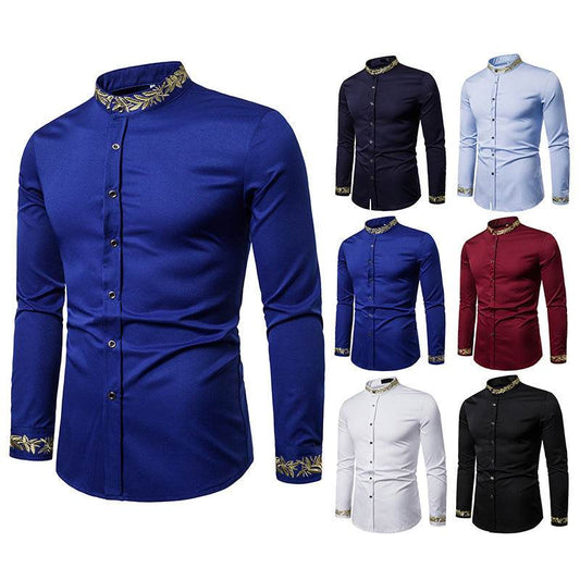 Men's White Slim-Fit Dress Shirt – Gold Embroidery, Stand Collar, Long Sleeve Casual Style - Emprize360