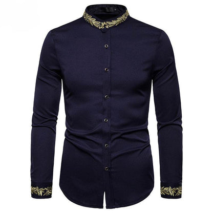 Men's White Slim-Fit Dress Shirt – Gold Embroidery, Stand Collar, Long Sleeve Casual Style - Emprize360