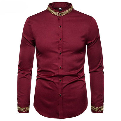 Men's White Slim-Fit Dress Shirt – Gold Embroidery, Stand Collar, Long Sleeve Casual Style - Emprize360