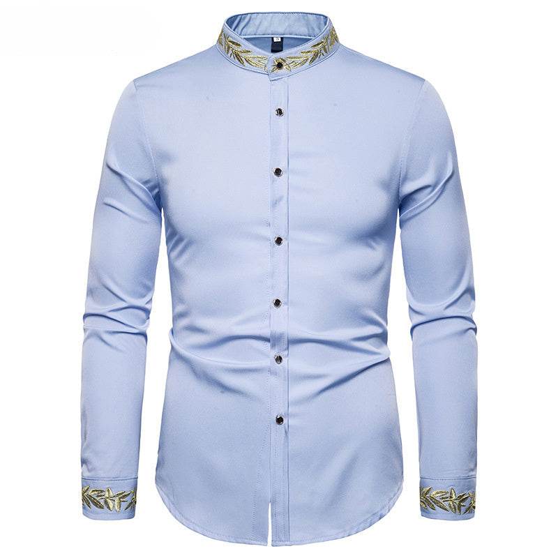 Men's White Slim-Fit Dress Shirt – Gold Embroidery, Stand Collar, Long Sleeve Casual Style - Emprize360