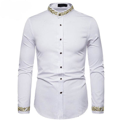 Men's White Slim-Fit Dress Shirt – Gold Embroidery, Stand Collar, Long Sleeve Casual Style - Emprize360