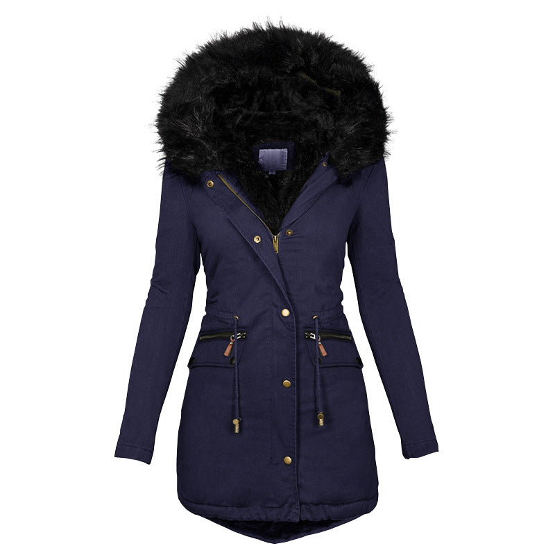Women’s Solid Color Plush Parka – Hooded Zip-Up Winter Coat