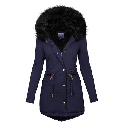 Women’s Solid Color Plush Parka – Hooded Zip-Up Winter Coat