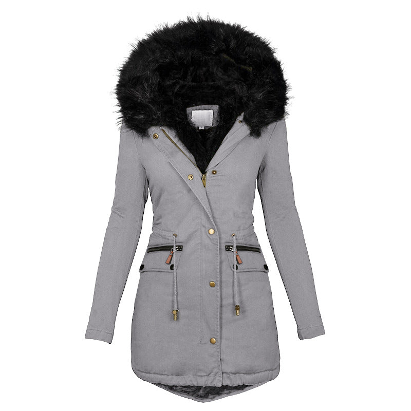 Women’s Solid Color Plush Parka – Hooded Zip-Up Winter Coat