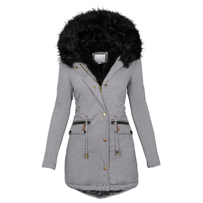 Women’s Solid Color Plush Parka – Hooded Zip-Up Winter Coat