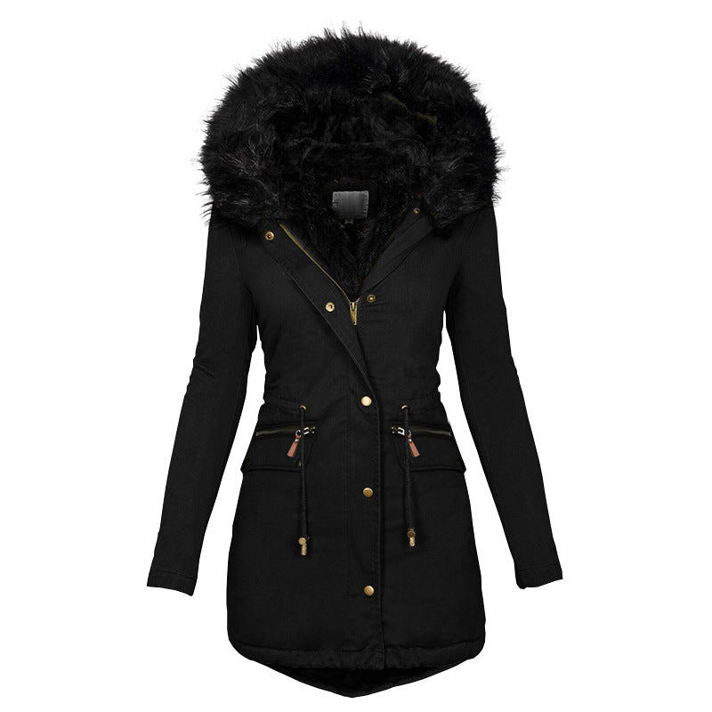 Women’s Solid Color Plush Parka – Hooded Zip-Up Winter Coat