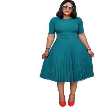 Elegant Plus Size Pleated Round Neck Dress for Women – Perfect Mother's Dress - Emprize360