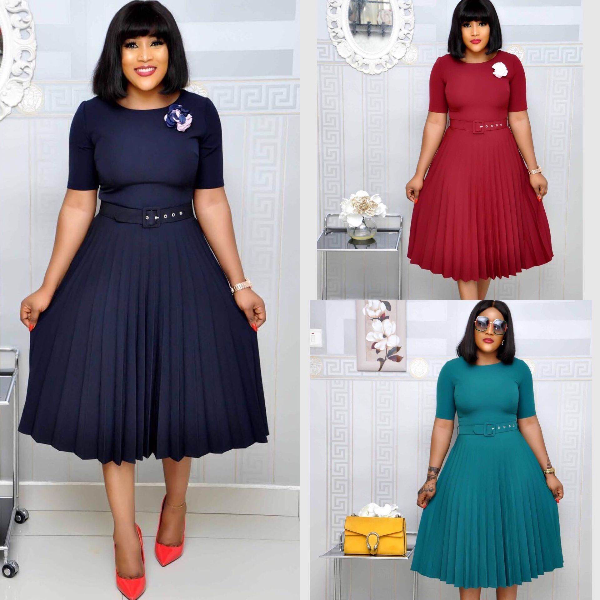 Elegant Plus Size Pleated Round Neck Dress for Women – Perfect Mother's Dress - Emprize360
