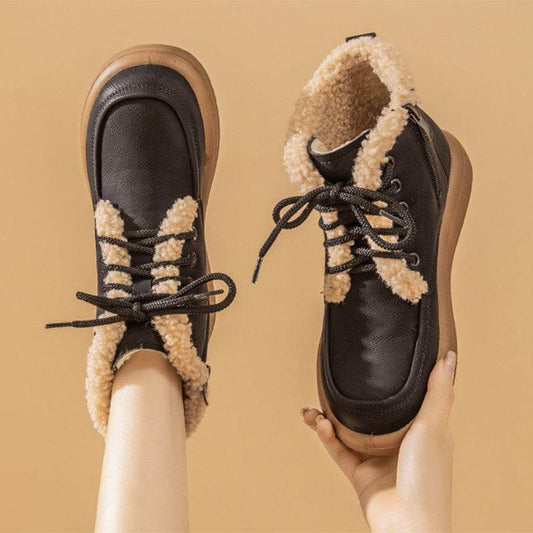 Women's Lace-up Plush Snow Boots – Winter Warm Fleece Flat Ankle Boots - Emprize360