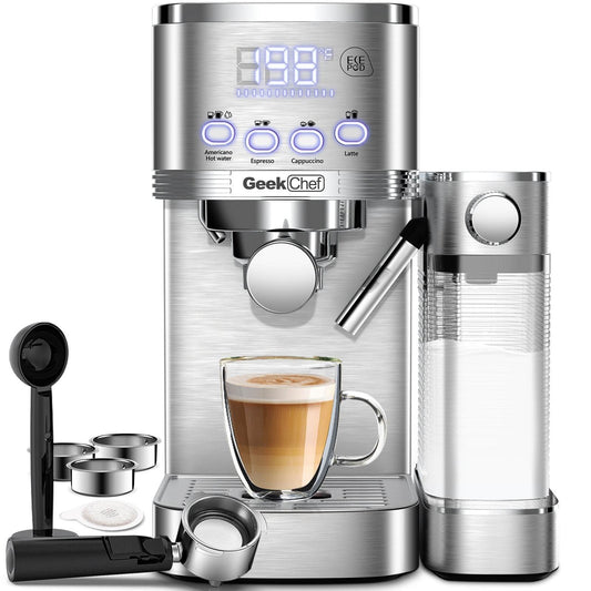 Geek Chef 20-Bar Espresso & Cappuccino Machine with Automatic Milk Frother – Stainless Steel Espresso Maker for Latte & Cappuccino, ESE Pod Filter, Perfect Gift for Coffee Lovers - Emprize360