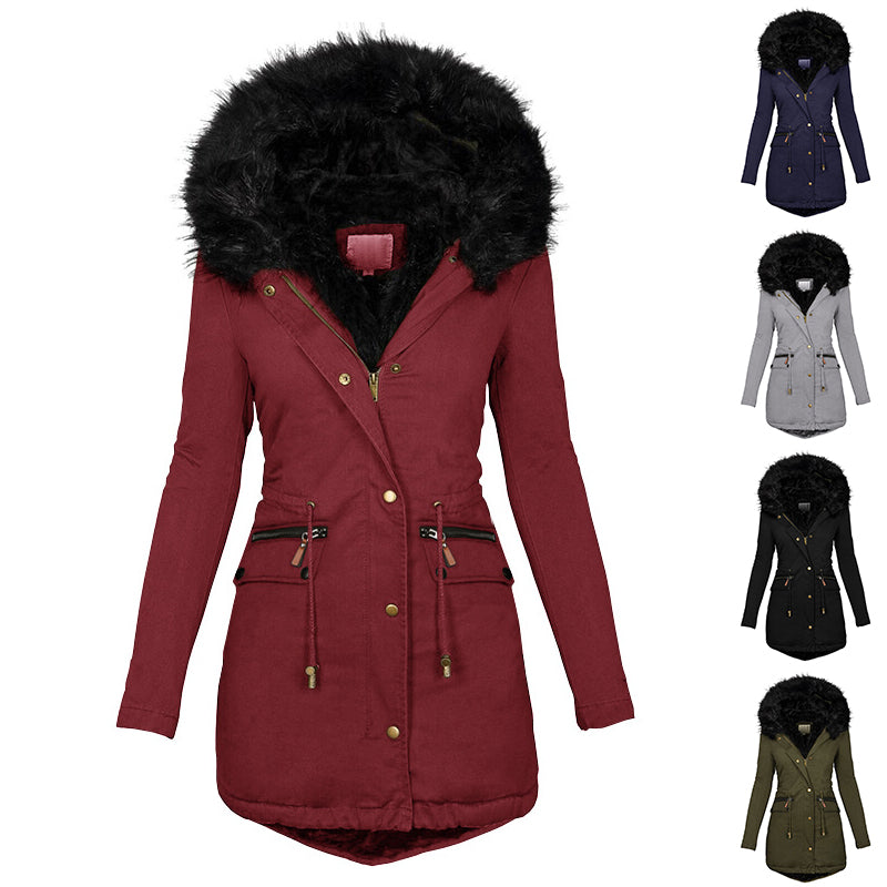 Women’s Solid Color Plush Parka – Hooded Zip-Up Winter Coat