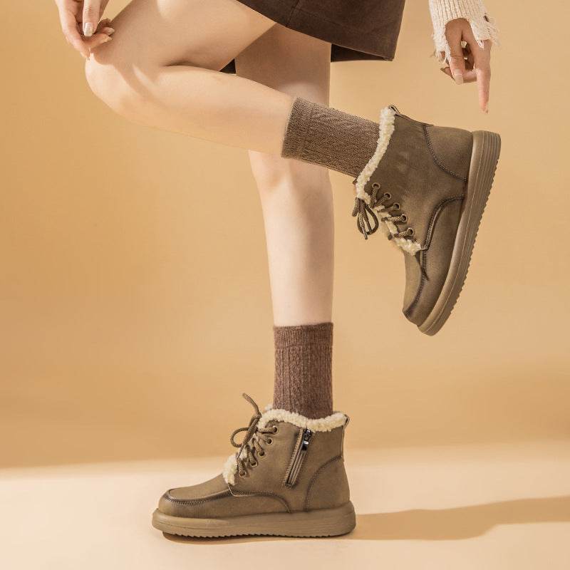 Women's Lace-up Plush Snow Boots – Winter Warm Fleece Flat Ankle Boots - Emprize360