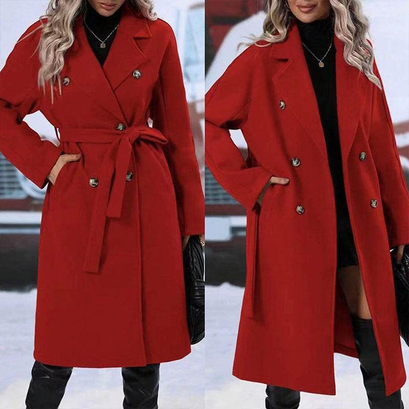 Elegant Women's Lapel Double-Breasted Trench Coat with Belt – Stylish Winter Solid Color Long Jacket" - EMPRIZE 360