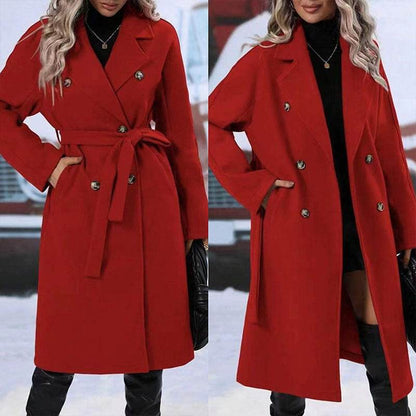 Elegant Women's Lapel Double-Breasted Trench Coat with Belt – Stylish Winter Solid Color Long Jacket" - EMPRIZE 360