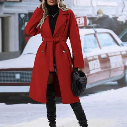 Elegant Women's Lapel Double-Breasted Trench Coat with Belt – Stylish Winter Solid Color Long Jacket" - EMPRIZE 360