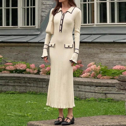 Trumpet-sleeved Knitted Dress Fashion Slim Lapel Button Dresses Fall Wainter Women's Clothing - Emprize360
