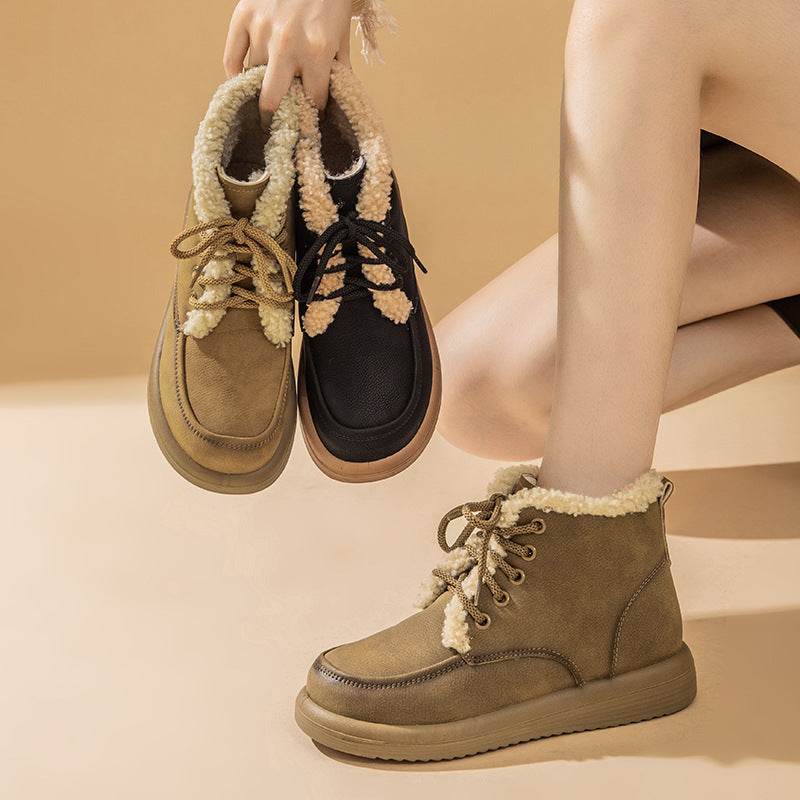 Women's Lace-up Plush Snow Boots – Winter Warm Fleece Flat Ankle Boots - Emprize360